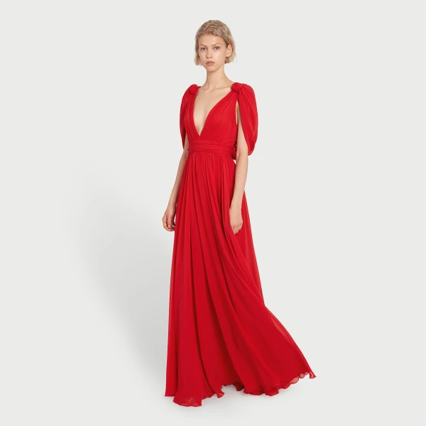 Giambattista Valli Maxi Red Silk Dress With Draped Shoulders - Giambattista Valli Dresses - Romantic Couture - Shop at Luxury Shoes 