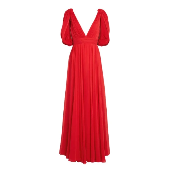 Giambattista Valli Maxi Red Silk Dress With Draped Shoulders - Giambattista Valli Dresses - Romantic Couture - Shop at Luxury Shoes 