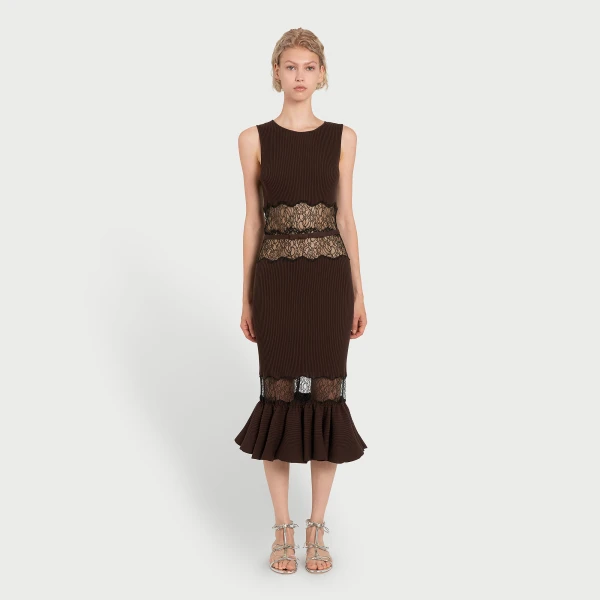 Giambattista Valli Midi Brown Knit Dress With Lace - Giambattista Valli Dresses - Romantic Couture - Shop at Luxury Shoes 