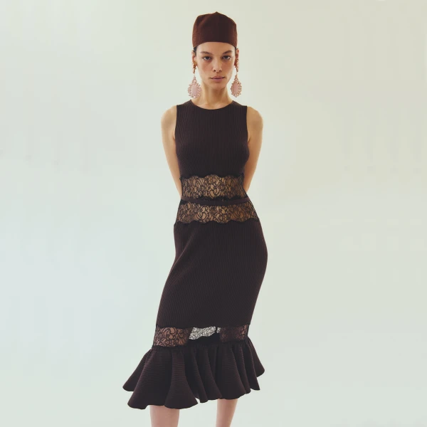 Giambattista Valli Midi Brown Knit Dress With Lace - Giambattista Valli Dresses - Romantic Couture - Shop at Luxury Shoes 
