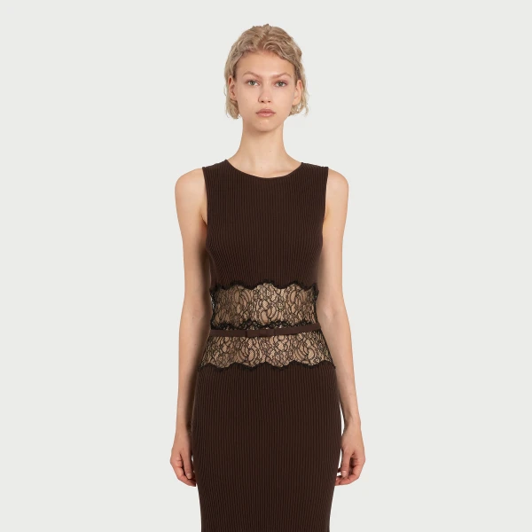 Giambattista Valli Midi Brown Knit Dress With Lace - Giambattista Valli Dresses - Romantic Couture - Shop at Luxury Shoes 