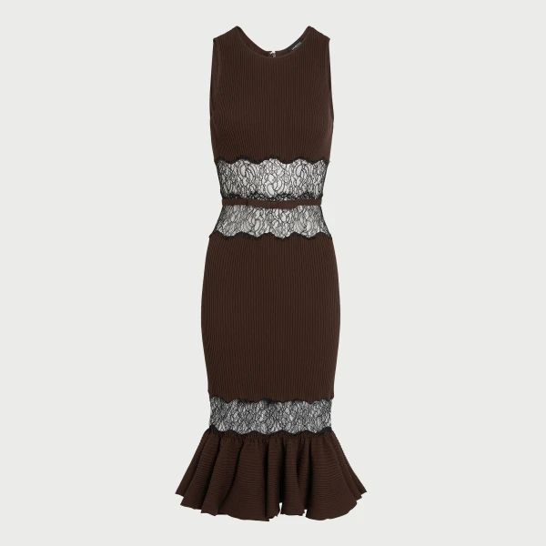 Giambattista Valli Midi Brown Knit Dress With Lace - Giambattista Valli Dresses - Romantic Couture - Shop at Luxury Shoes 