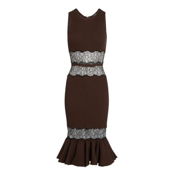 Giambattista Valli Midi Brown Knit Dress With Lace - Giambattista Valli Dresses - Romantic Couture - Shop at Luxury Shoes 