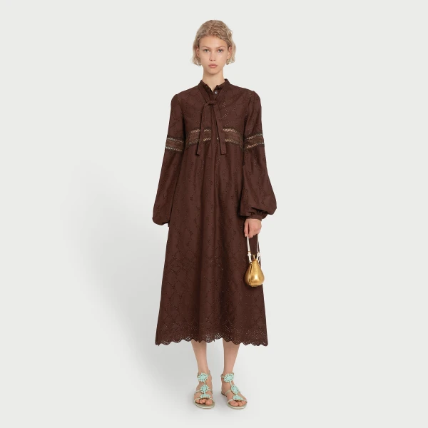 Giambattista Valli Midi Brown Saint-Gall Embroidery Dress - Giambattista Valli Dresses - Romantic Couture - Shop at Luxury Shoes 