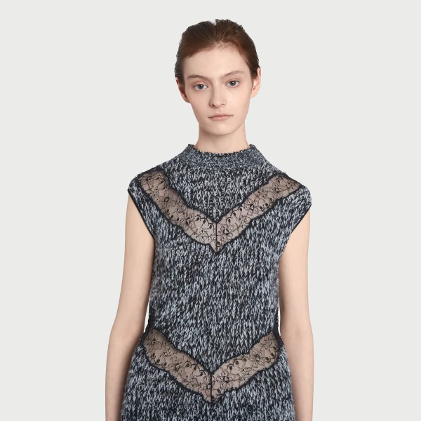 Giambattista Valli Midi Gray Wool Dress With Black Lace Details - Giambattista Valli Dresses - Romantic Couture - Shop at Luxury Shoes 