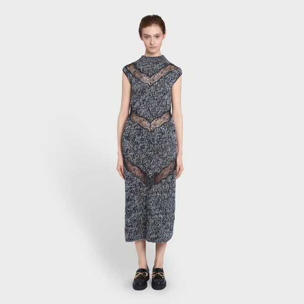 Giambattista Valli Midi Gray Wool Dress With Black Lace Details - Giambattista Valli Dresses - Romantic Couture - Shop at Luxury Shoes 