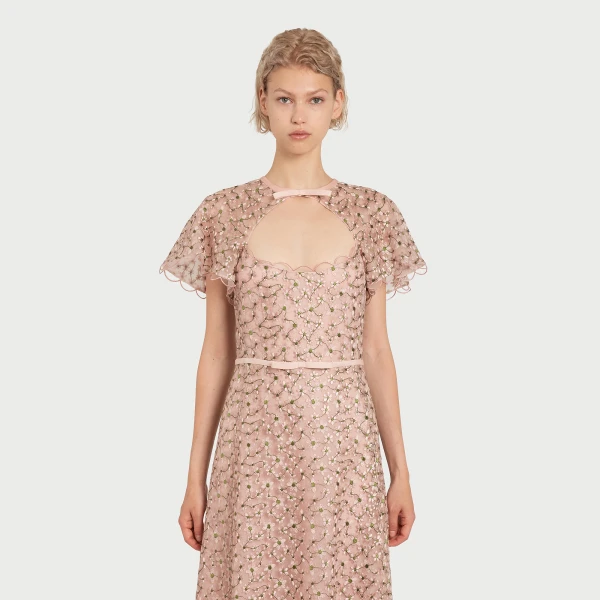 Giambattista Valli Midi Pale Pink Dress With Embroidered Daisies - Giambattista Valli Dresses - Romantic Couture - Shop at Luxury Shoes 