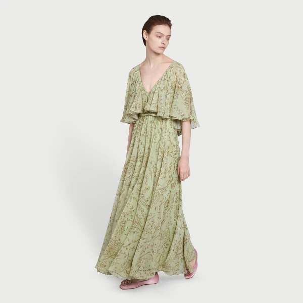 Giambattista Valli Midi Wild Flowers Green Silk Dress With Cape - Giambattista Valli Dresses - Romantic Couture - Shop at Luxury Shoes 