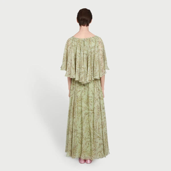 Giambattista Valli Midi Wild Flowers Green Silk Dress With Cape - Giambattista Valli Dresses - Romantic Couture - Shop at Luxury Shoes 