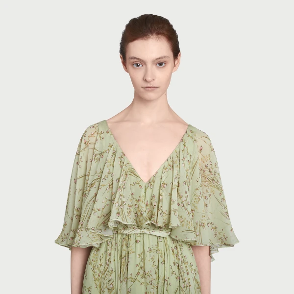Giambattista Valli Midi Wild Flowers Green Silk Dress With Cape - Giambattista Valli Dresses - Romantic Couture - Shop at Luxury Shoes 