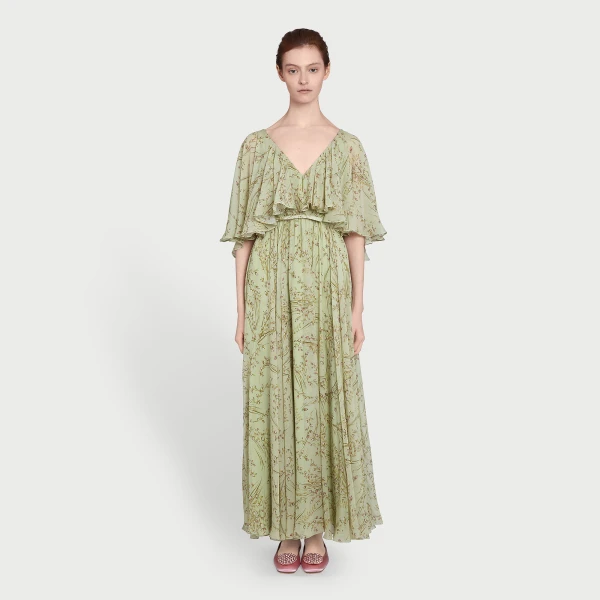 Giambattista Valli Midi Wild Flowers Green Silk Dress With Cape - Giambattista Valli Dresses - Romantic Couture - Shop at Luxury Shoes 