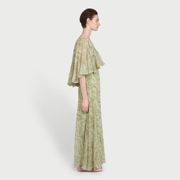Giambattista Valli Midi Wild Flowers Green Silk Dress With Cape - Giambattista Valli Dresses - Romantic Couture - Shop at Luxury Shoes 
