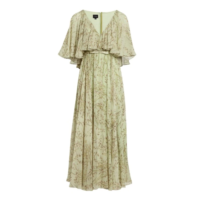 Giambattista Valli Midi Wild Flowers Green Silk Dress With Cape - Giambattista Valli Dresses - Romantic Couture - Shop at Luxury Shoes 