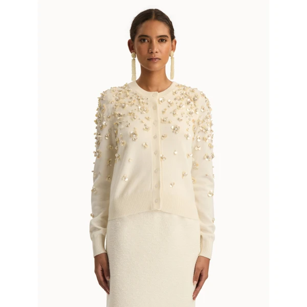 Oscar de la Renta Mother of Pearl Embroidered Cardigan - Oscar de la Renta Knitwear - American Couture - Shop at Luxury Shoes 
