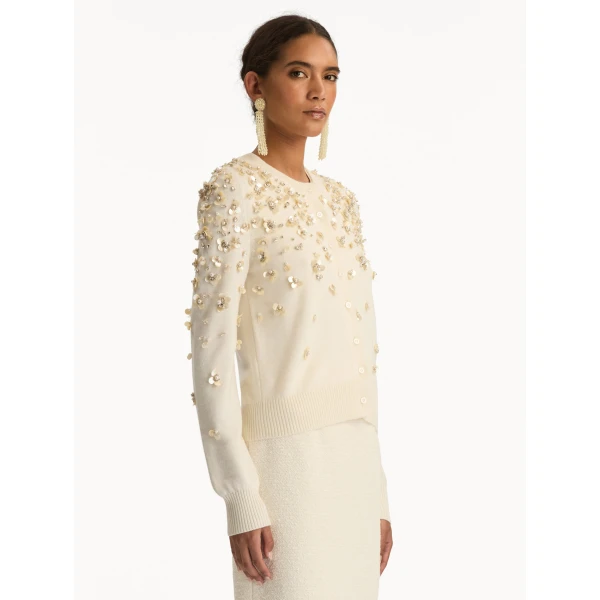 Oscar de la Renta Mother of Pearl Embroidered Cardigan - Oscar de la Renta Knitwear - American Couture - Shop at Luxury Shoes 