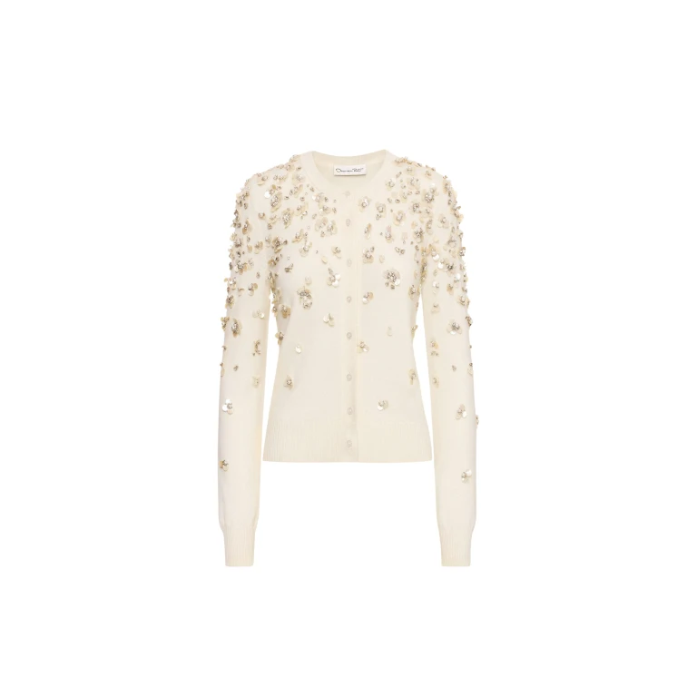Oscar de la Renta Mother of Pearl Embroidered Cardigan - Oscar de la Renta Knitwear - American Couture - Shop at Luxury Shoes 