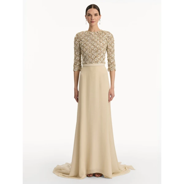 Oscar de la Renta Mother of Pearl Embroidered Gown - Oscar de la Renta Dresses - American Couture - Shop at Luxury Shoes 