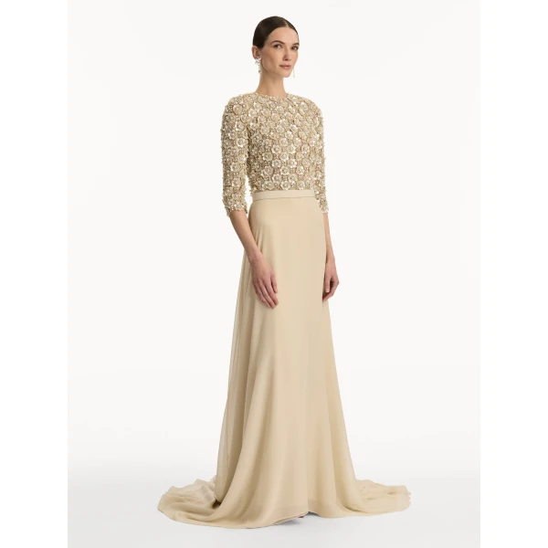 Oscar de la Renta Mother of Pearl Embroidered Gown - Oscar de la Renta Dresses - American Couture - Shop at Luxury Shoes 