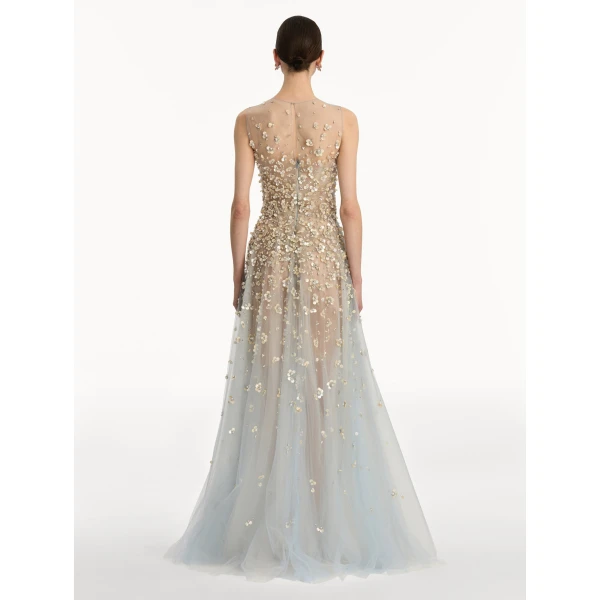 Oscar de la Renta Mother of Pearl Embroidered Illusion Gown - Oscar de la Renta Dresses - American Couture - Shop at Luxury Shoes 