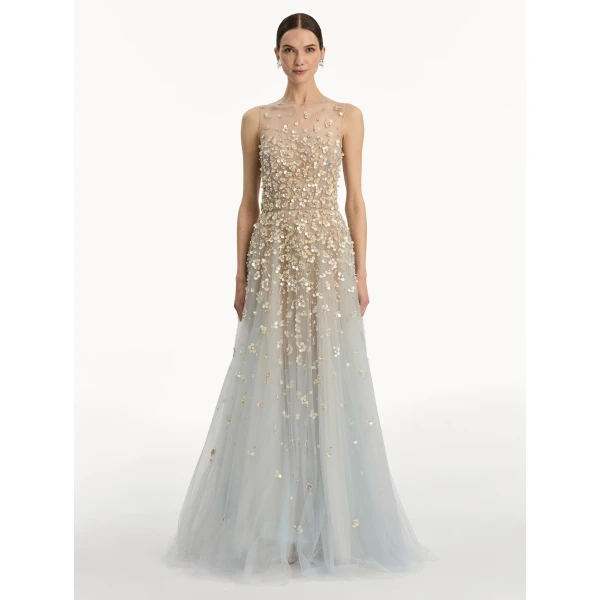 Oscar de la Renta Mother of Pearl Embroidered Illusion Gown - Oscar de la Renta Dresses - American Couture - Shop at Luxury Shoes 