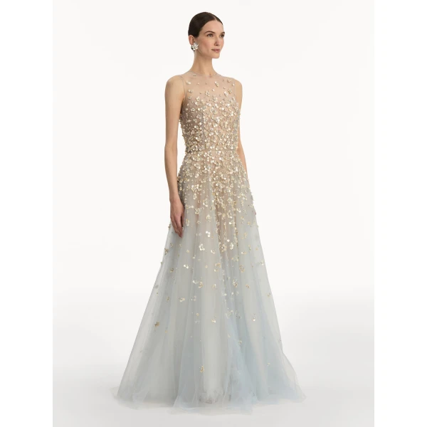 Oscar de la Renta Mother of Pearl Embroidered Illusion Gown - Oscar de la Renta Dresses - American Couture - Shop at Luxury Shoes 