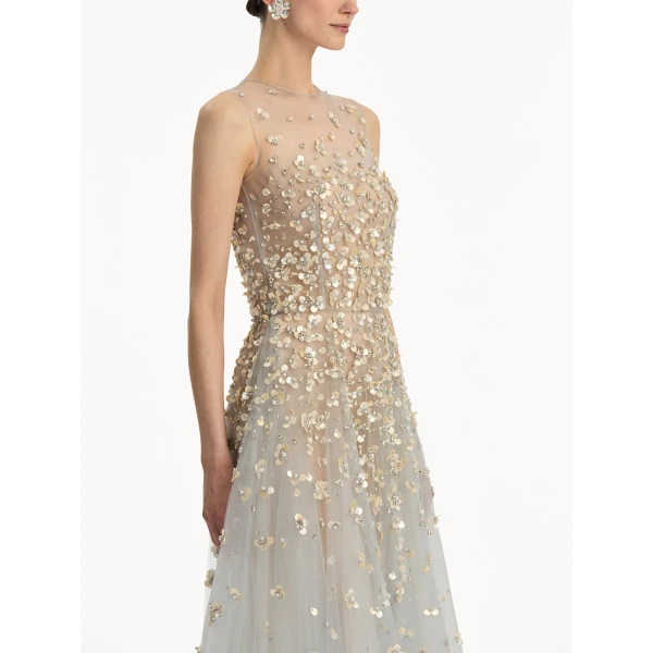 Oscar de la Renta Mother of Pearl Embroidered Illusion Gown - Oscar de la Renta Dresses - American Couture - Shop at Luxury Shoes 