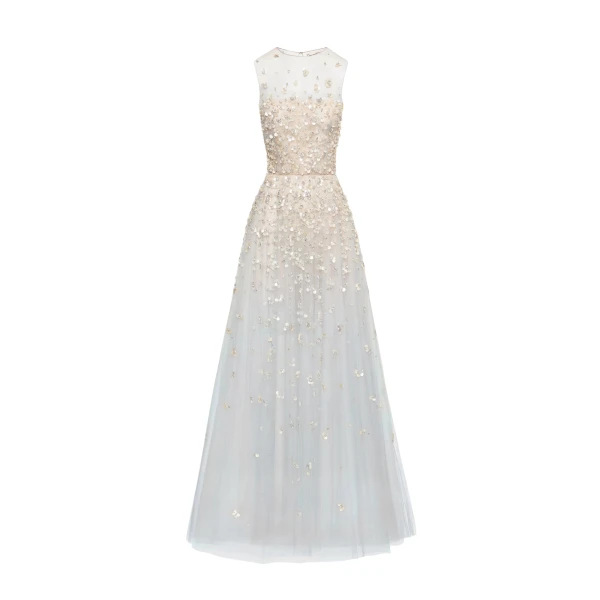 Oscar de la Renta Mother of Pearl Embroidered Illusion Gown - Oscar de la Renta Dresses - American Couture - Shop at Luxury Shoes 