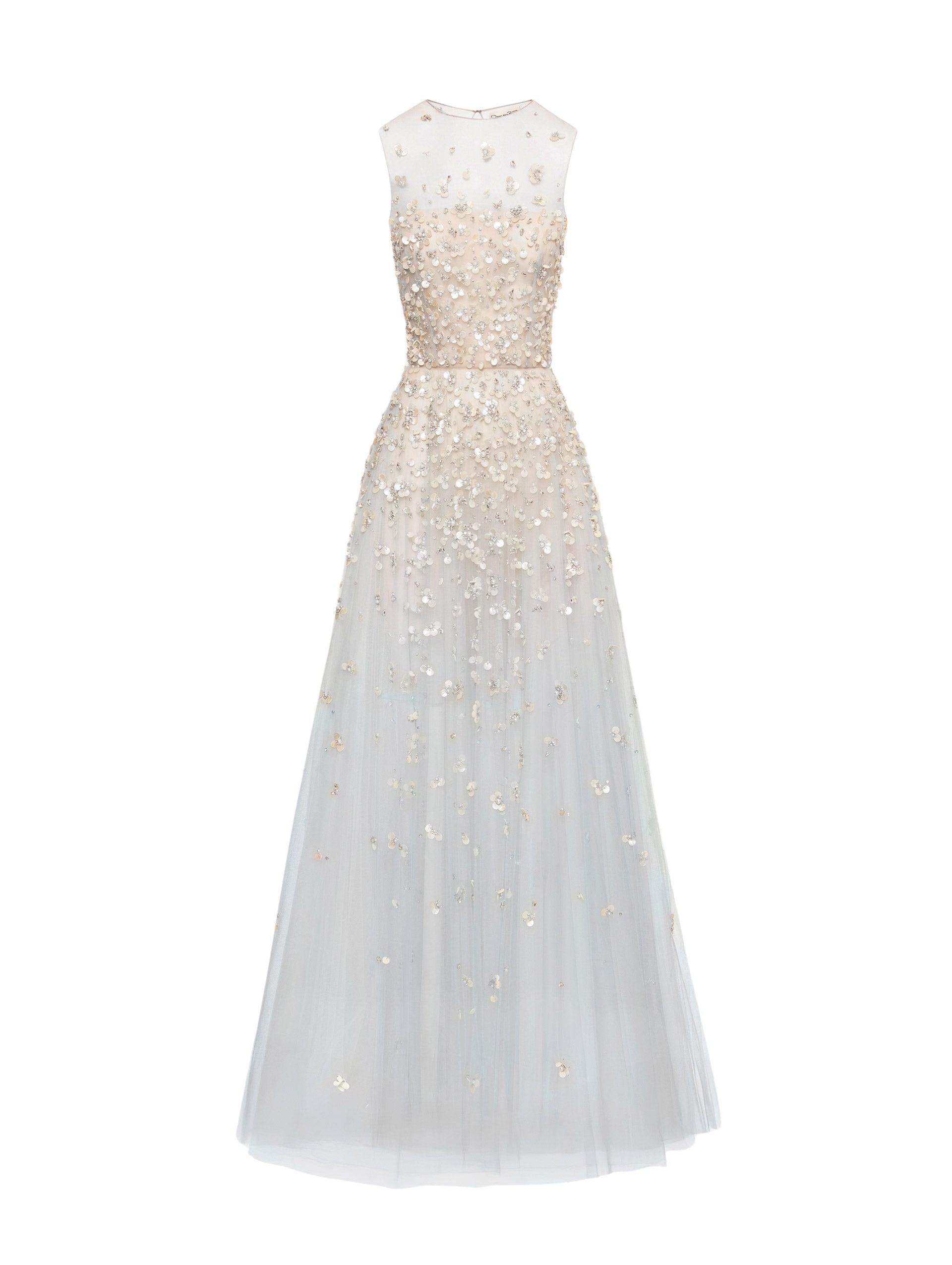Oscar de la Renta Mother of Pearl Embroidered Illusion Gown - Oscar de la Renta Dresses - American Couture - Shop at Luxury Shoes 