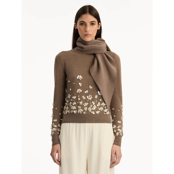 Oscar de la Renta Mother of Pearl Embroidered Pullover with Scarf - Oscar de la Renta Knitwear - American Couture - Shop at Luxury Shoes 