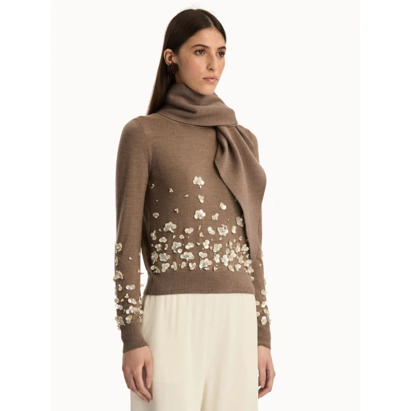 Oscar de la Renta Mother of Pearl Embroidered Pullover with Scarf - Oscar de la Renta Knitwear - American Couture - Shop at Luxury Shoes 