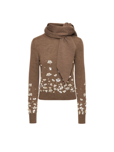 Oscar de la Renta Mother of Pearl Embroidered Pullover with Scarf - Oscar de la Renta Knitwear - American Couture - Shop at Luxury Shoes 