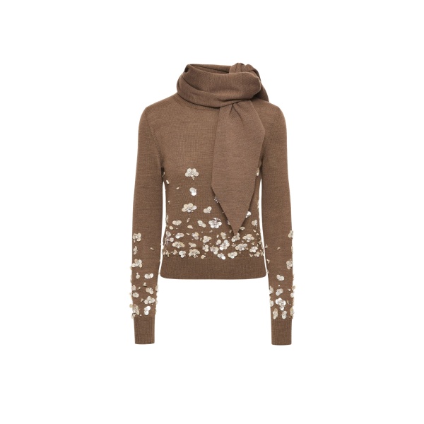 Oscar de la Renta Mother of Pearl Embroidered Pullover with Scarf - Oscar de la Renta Knitwear - American Couture - Shop at Luxury Shoes 