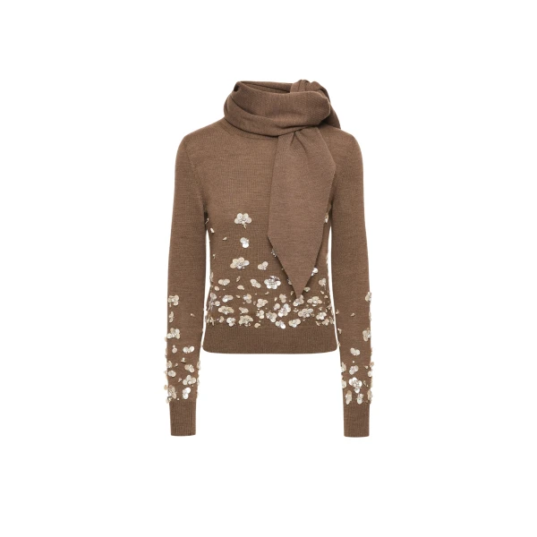 Oscar de la Renta Mother of Pearl Embroidered Pullover with Scarf - Oscar de la Renta Knitwear - American Couture - Shop at Luxury Shoes 