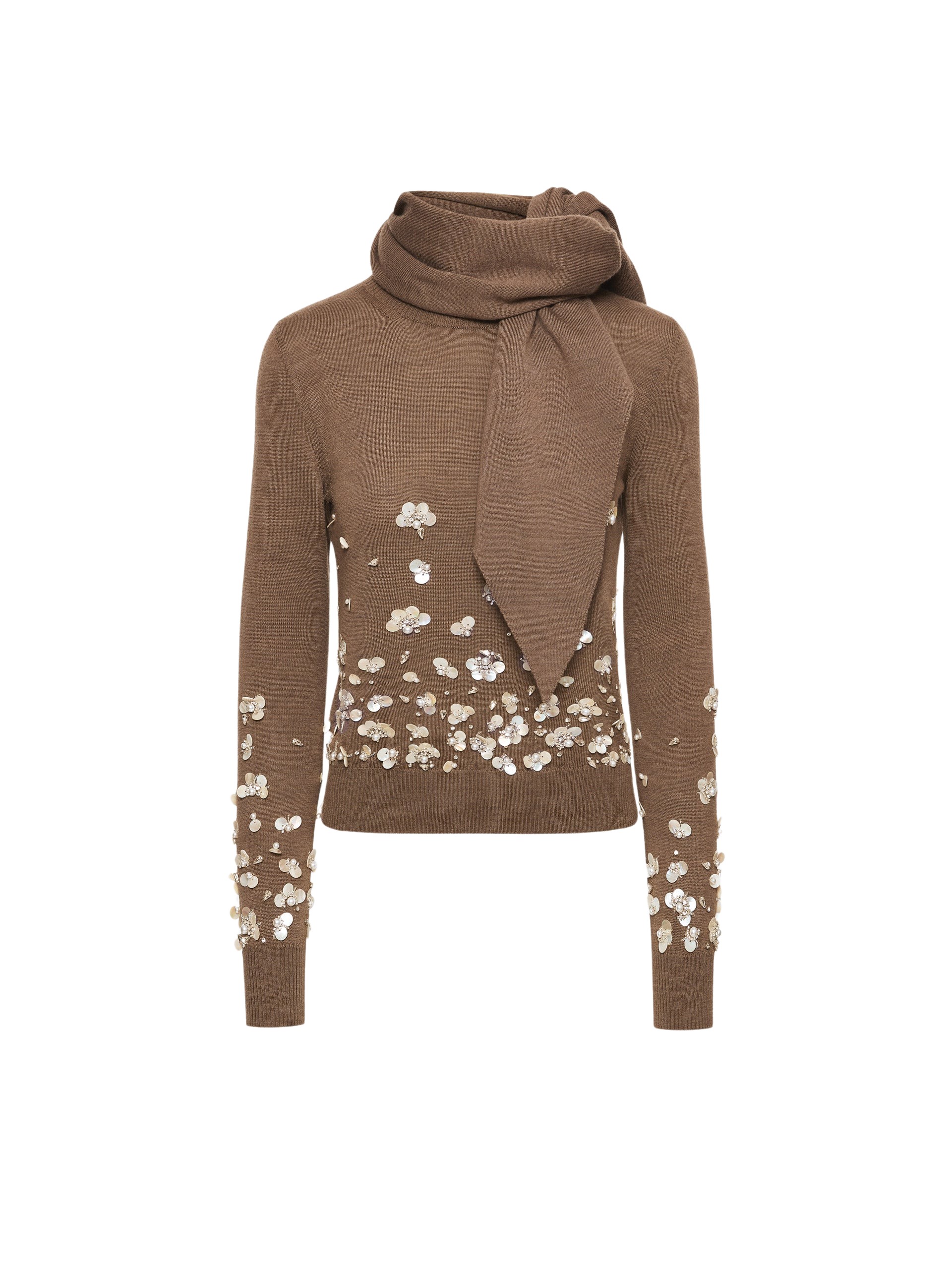 Oscar de la Renta Mother of Pearl Embroidered Pullover with Scarf