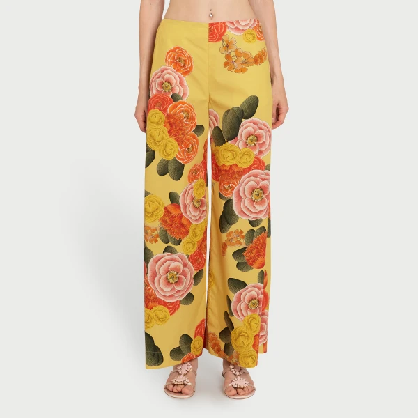 Giambattista Valli Mustard Blossoms Poplin Wide-Leg Pants - Giambattista Valli Pants - Romantic Couture - Shop at Luxury Shoes 
