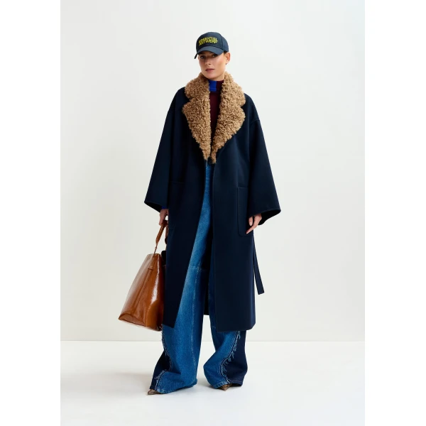 Essentiel Antwerp Navy and brown wool belted coat with detachable faux fur collar - Essentiel Antwerp Coats - Colorful Belgian Design - Shop at Luxury Shoes 