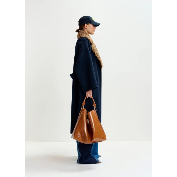 Essentiel Antwerp Navy and brown wool belted coat with detachable faux fur collar - Essentiel Antwerp Coats - Colorful Belgian Design - Shop at Luxury Shoes 