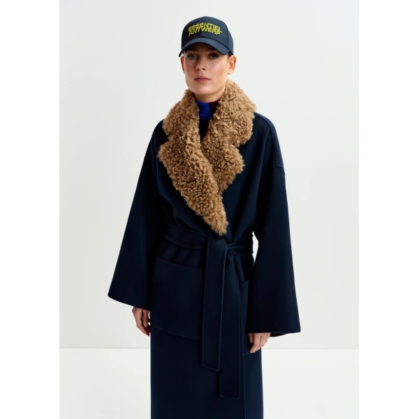 Essentiel Antwerp Navy and brown wool belted coat with detachable faux fur collar - Essentiel Antwerp Coats - Colorful Belgian Design - Shop at Luxury Shoes 