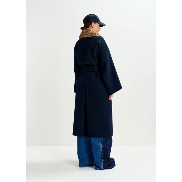 Essentiel Antwerp Navy and brown wool belted coat with detachable faux fur collar - Essentiel Antwerp Coats - Colorful Belgian Design - Shop at Luxury Shoes 