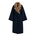 Essentiel Antwerp Navy and brown wool belted coat with detachable faux fur collar - Essentiel Antwerp Coats - Colorful Belgian Design - Shop at Luxury Shoes 