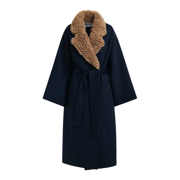Essentiel Antwerp Navy and brown wool belted coat with detachable faux fur collar - Essentiel Antwerp Coats - Colorful Belgian Design - Shop at Luxury Shoes 