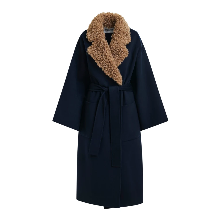 Essentiel Antwerp Navy and brown wool belted coat with detachable faux fur collar - Essentiel Antwerp Coats - Colorful Belgian Design - Shop at Luxury Shoes 