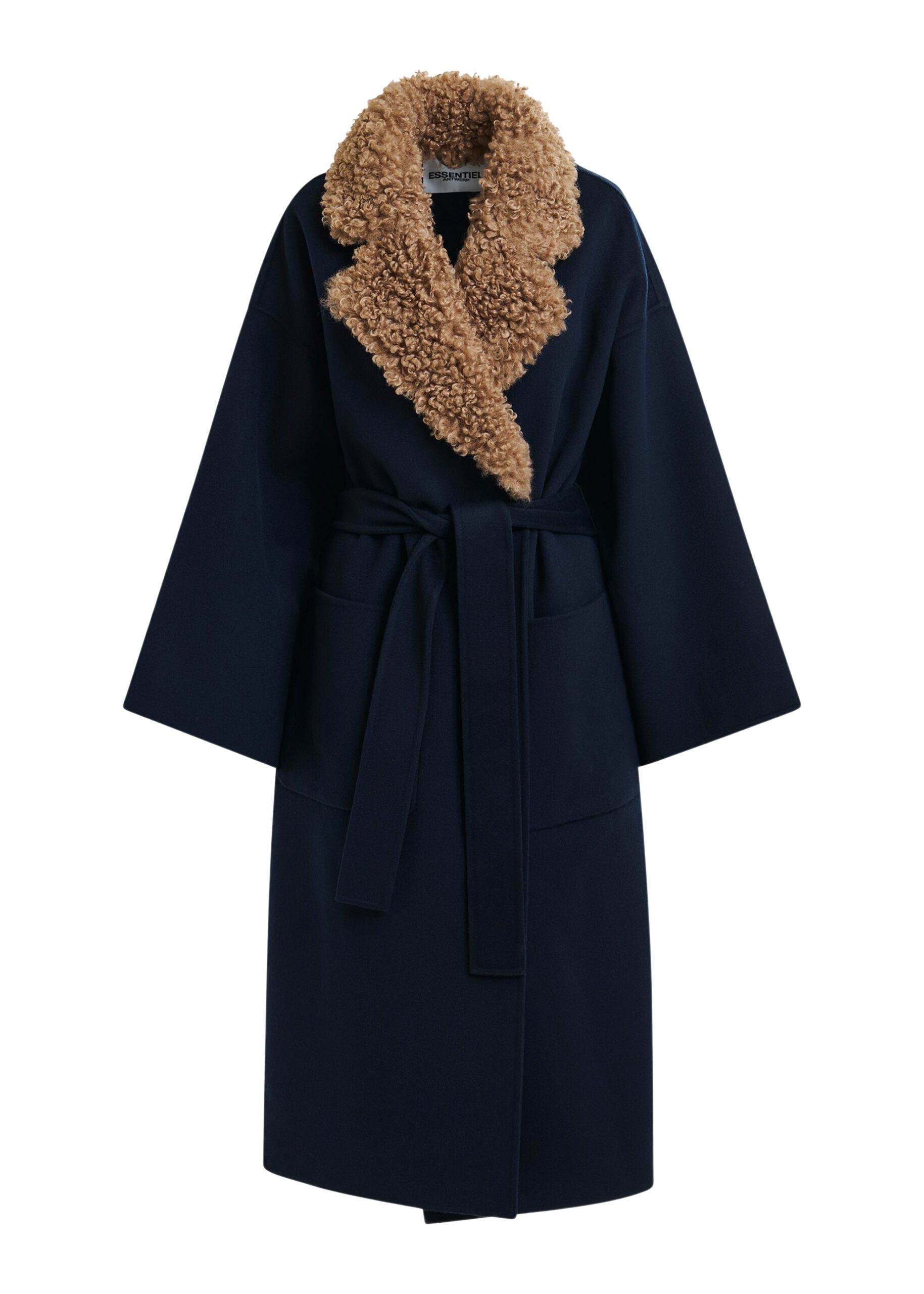 Essentiel Antwerp Navy and brown wool belted coat with detachable faux fur collar