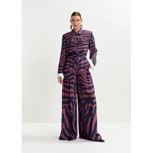 Essentiel Antwerp Navy and dark pink zebra-print wide-leg pants - Essentiel Antwerp Pants - Colorful Belgian Design - Shop at Luxury Shoes 