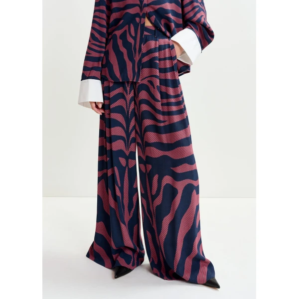 Essentiel Antwerp Navy and dark pink zebra-print wide-leg pants - Essentiel Antwerp Pants - Colorful Belgian Design - Shop at Luxury Shoes 