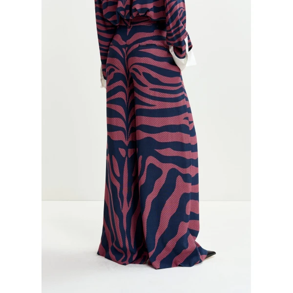 Essentiel Antwerp Navy and dark pink zebra-print wide-leg pants - Essentiel Antwerp Pants - Colorful Belgian Design - Shop at Luxury Shoes 