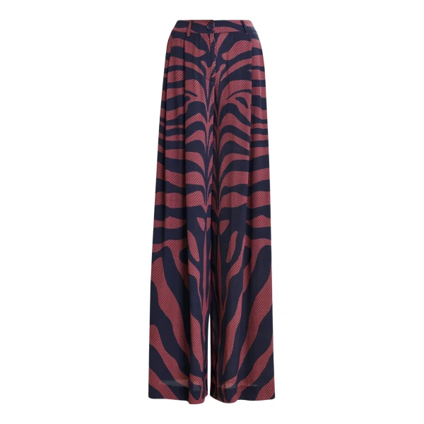 Essentiel Antwerp Navy and dark pink zebra-print wide-leg pants - Essentiel Antwerp Pants - Colorful Belgian Design - Shop at Luxury Shoes 