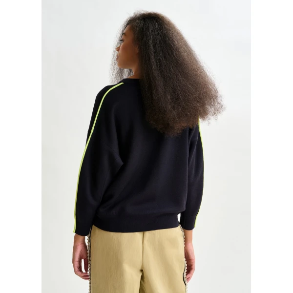 Essentiel Antwerp Navy and green knitted sweater with fitted waist - Essentiel Antwerp Knitwear - Colorful Belgian Design - Shop at Luxury Shoes 