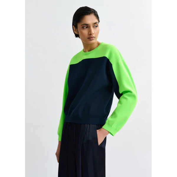 Essentiel Antwerp Navy and green two-tone knit sweater - Essentiel Antwerp Knitwear - Colorful Belgian Design - Shop at Luxury Shoes 