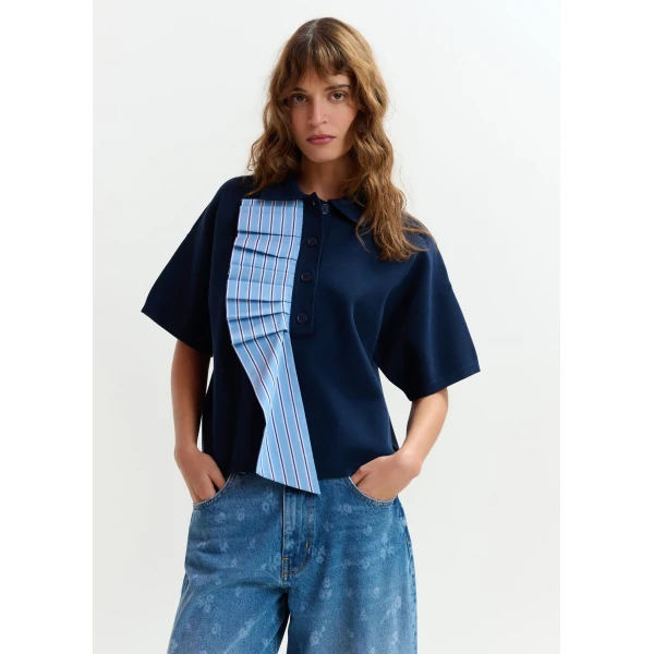 Essentiel Antwerp Navy and light blue ruffle fine-knit polo top - Essentiel Antwerp Tops - Colorful Belgian Design - Shop at Luxury Shoes 